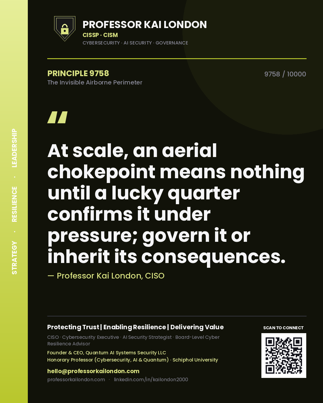 Quote card by Professor Kai London reading 'At scale, an aerial chokepoint means nothing until a lucky quarter confirms it under pressure; govern it or inherit its consequences.'. From the book The Invisible Airborne Perimeter.