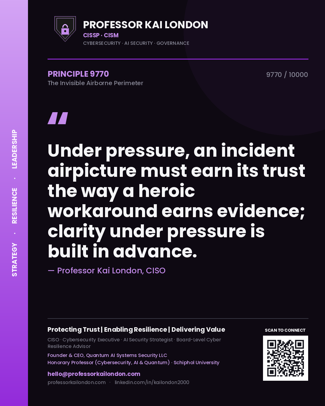 Quote card by Professor Kai London reading 'Under pressure, an incident airpicture must earn its trust the way a heroic workaround earns evidence; clarity under pressure is built in advance.'. From the book The Invisible Airborne Perimeter.