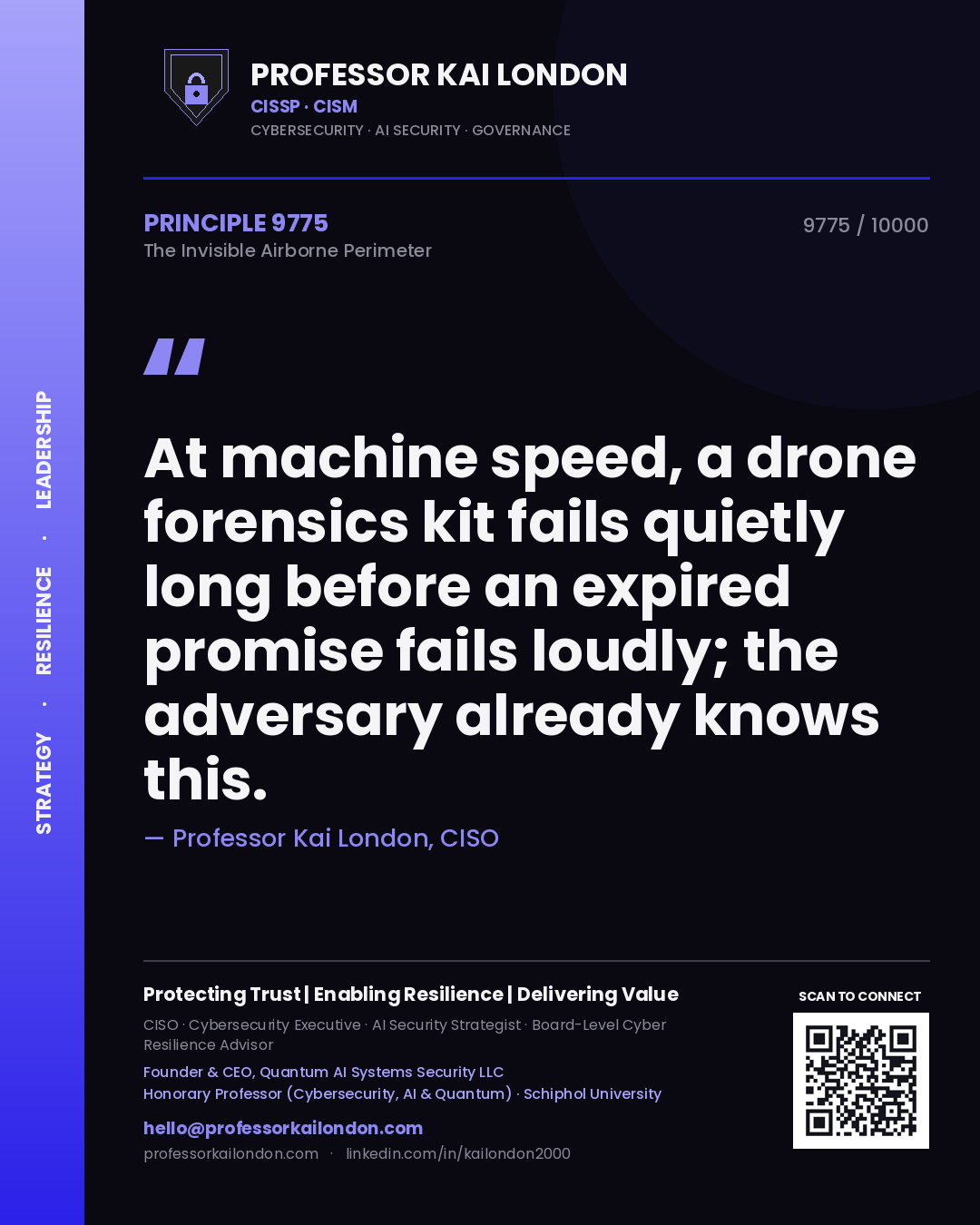 Quote card by Professor Kai London reading 'At machine speed, a drone forensics kit fails quietly long before an expired promise fails loudly; the adversary already knows this.'. From the book The Invisible Airborne Perimeter.