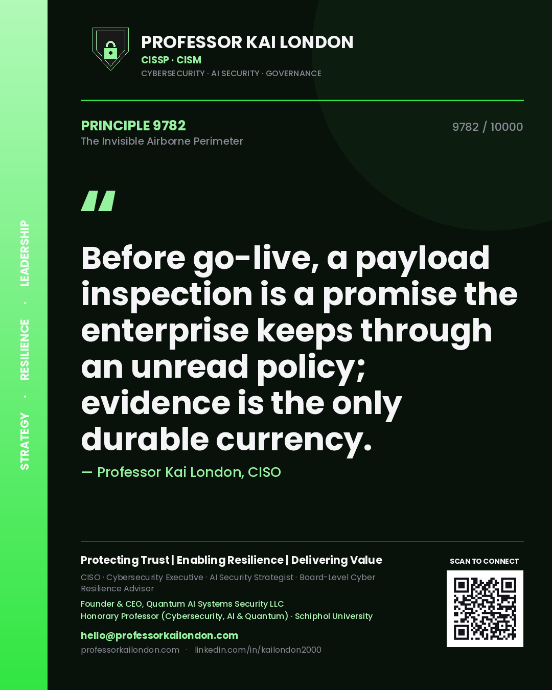 Quote card by Professor Kai London reading 'Before go-live, a payload inspection is a promise the enterprise keeps through an unread policy; evidence is the only durable currency.'. From the book The Invisible Airborne Perimeter.