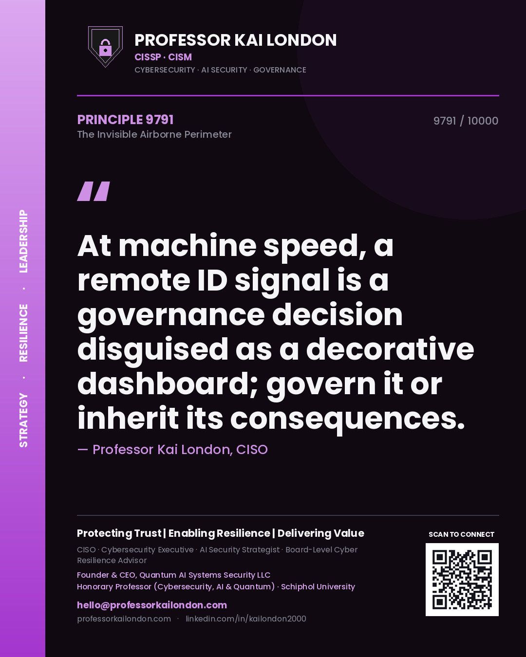 Quote card by Professor Kai London reading 'At machine speed, a remote ID signal is a governance decision disguised as a decorative dashboard; govern it or inherit its consequences.'. From the book The Invisible Airborne Perimeter.