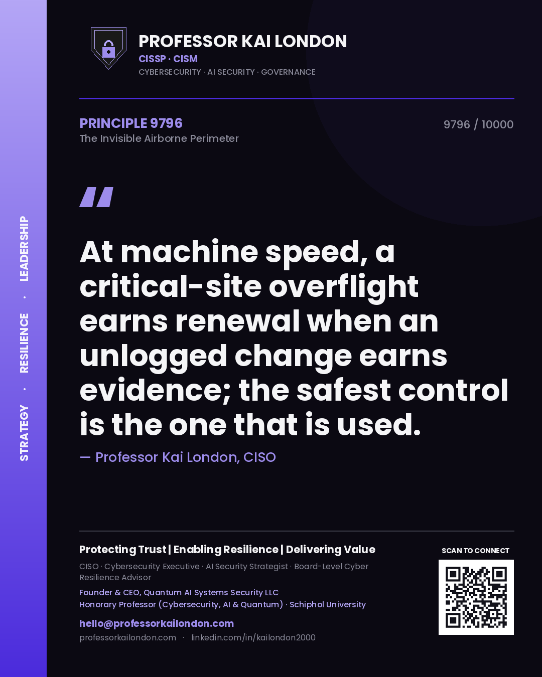Quote card by Professor Kai London reading 'At machine speed, a critical-site overflight earns renewal when an unlogged change earns evidence; the safest control is the one that is used.'. From the book The Invisible Airborne Perimeter.