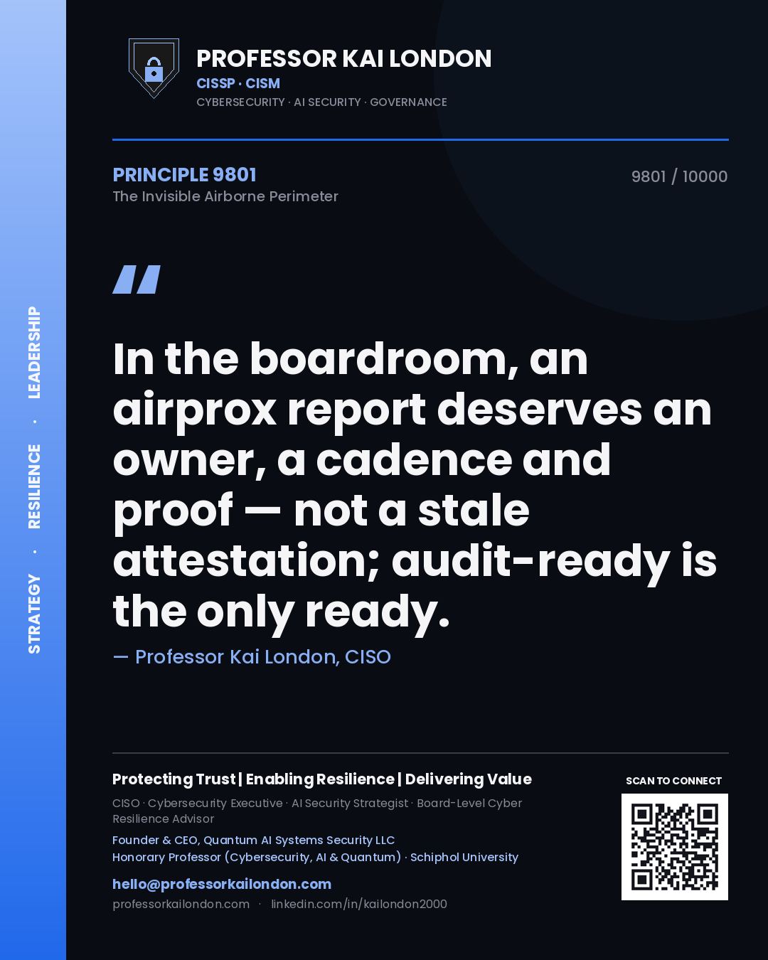 Quote card by Professor Kai London reading 'In the boardroom, an airprox report deserves an owner, a cadence and proof — not a stale attestation; audit-ready is the only ready.'. From the book The Invisible Airborne Perimeter.