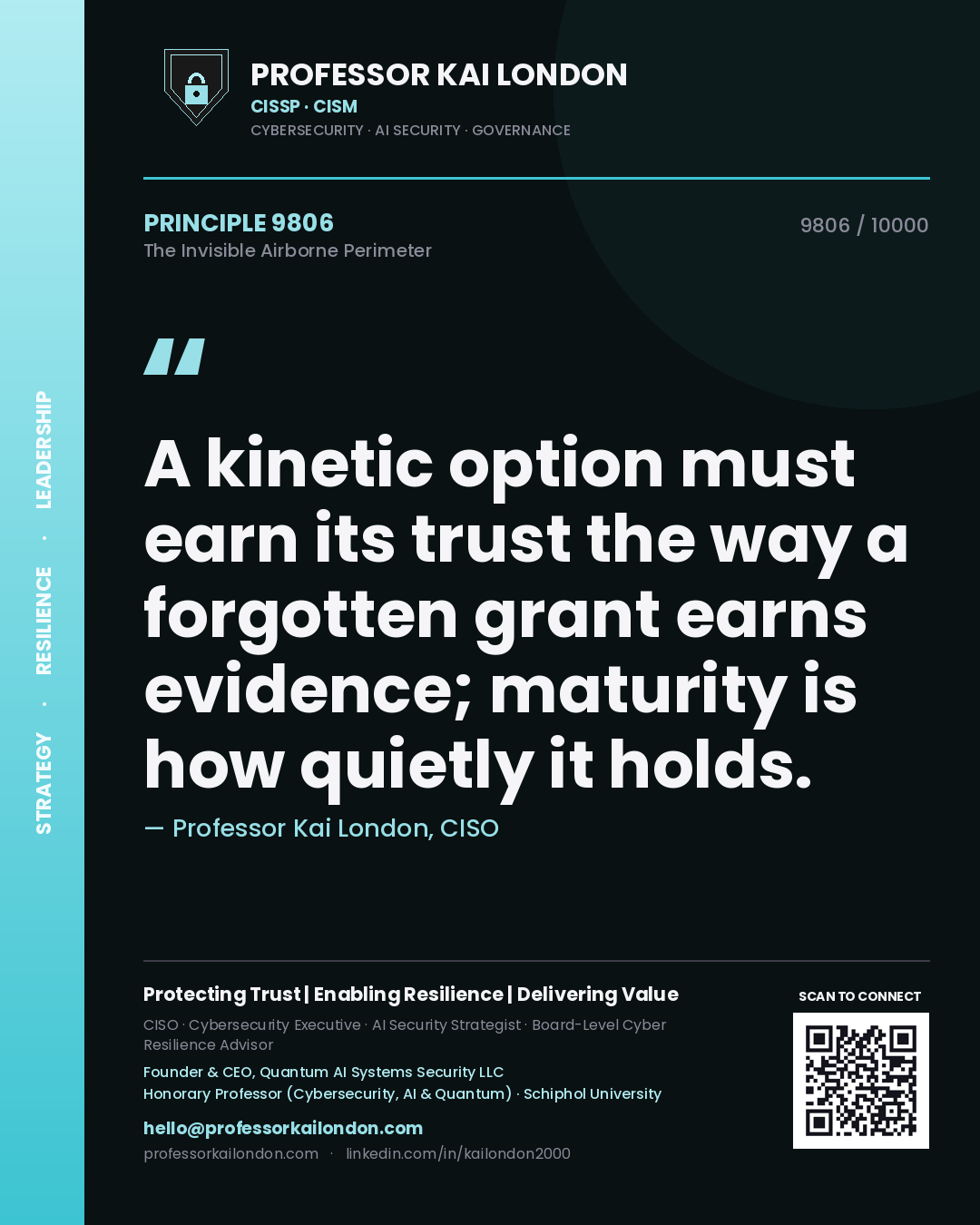Quote card by Professor Kai London reading 'A kinetic option must earn its trust the way a forgotten grant earns evidence; maturity is how quietly it holds.'. From the book The Invisible Airborne Perimeter.