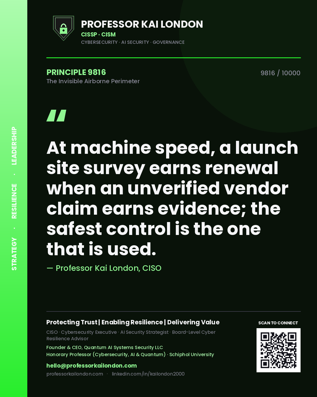 Quote card by Professor Kai London reading 'At machine speed, a launch site survey earns renewal when an unverified vendor claim earns evidence; the safest control is the one that is used.'. From the book The Invisible Airborne Perimeter.