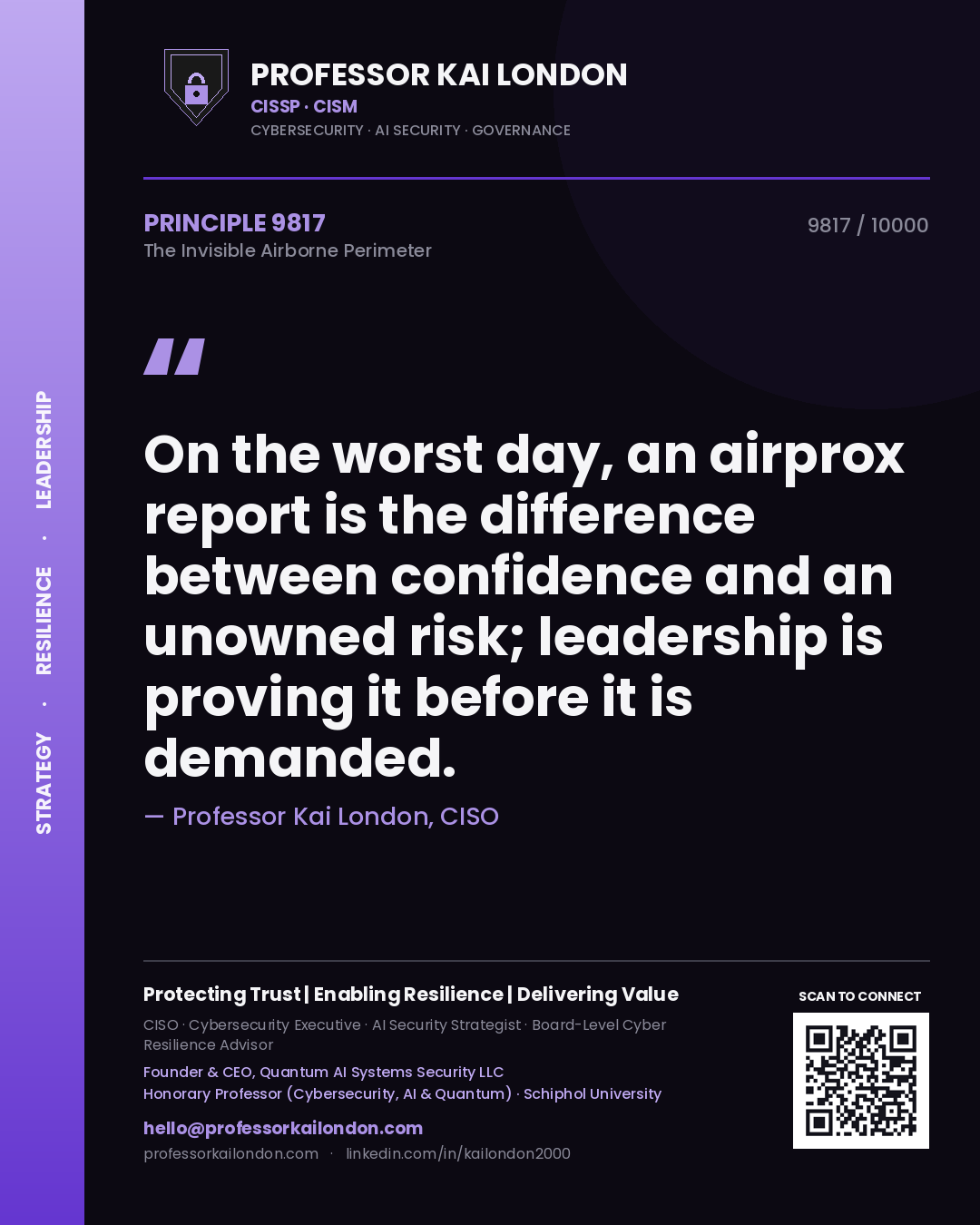 Quote card by Professor Kai London reading 'On the worst day, an airprox report is the difference between confidence and an unowned risk; leadership is proving it before it is demanded.'. From the book The Invisible Airborne Perimeter.