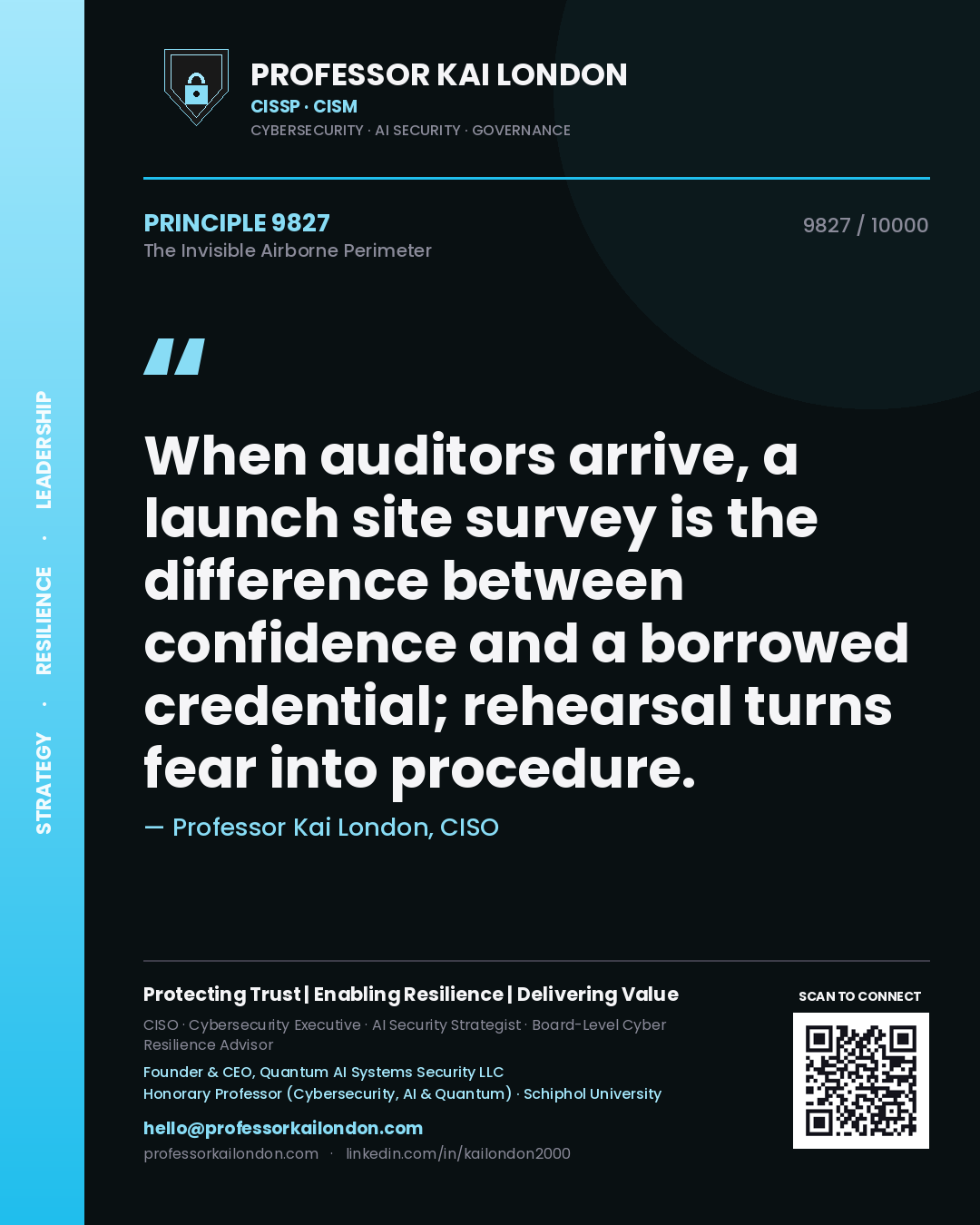 Quote card by Professor Kai London reading 'When auditors arrive, a launch site survey is the difference between confidence and a borrowed credential; rehearsal turns fear into procedure.'. From the book The Invisible Airborne Perimeter.