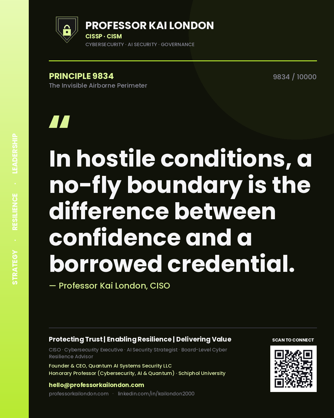 Quote card by Professor Kai London reading 'In hostile conditions, a no-fly boundary is the difference between confidence and a borrowed credential.'. From the book The Invisible Airborne Perimeter.