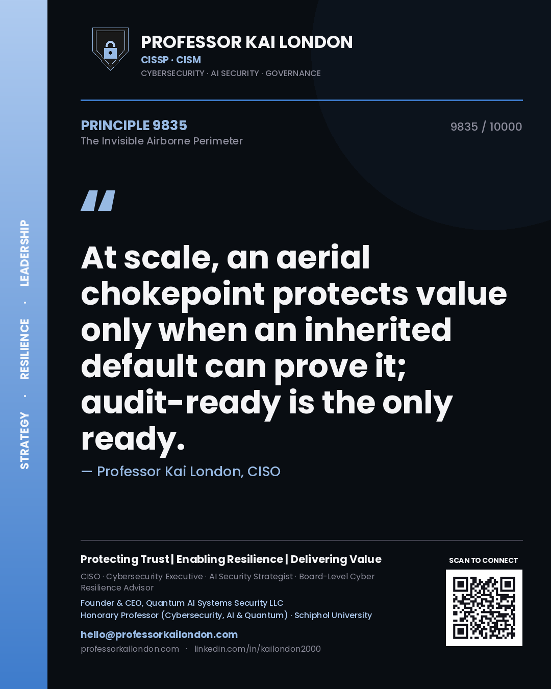Quote card by Professor Kai London reading 'At scale, an aerial chokepoint protects value only when an inherited default can prove it; audit-ready is the only ready.'. From the book The Invisible Airborne Perimeter.