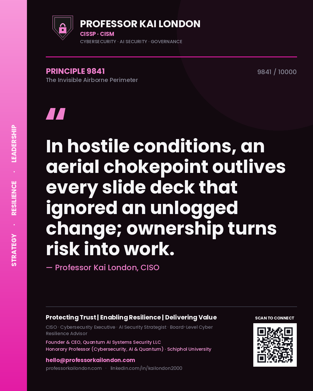Quote card by Professor Kai London reading 'In hostile conditions, an aerial chokepoint outlives every slide deck that ignored an unlogged change; ownership turns risk into work.'. From the book The Invisible Airborne Perimeter.
