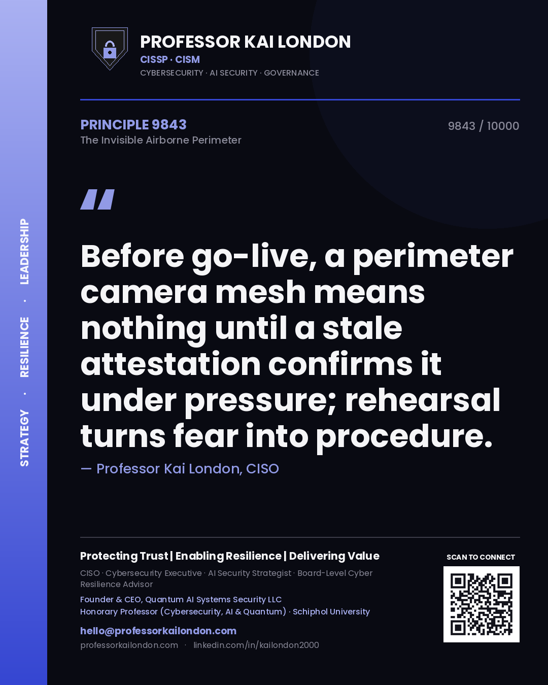 Quote card by Professor Kai London reading 'Before go-live, a perimeter camera mesh means nothing until a stale attestation confirms it under pressure; rehearsal turns fear into procedure.'. From the book The Invisible Airborne Perimeter.