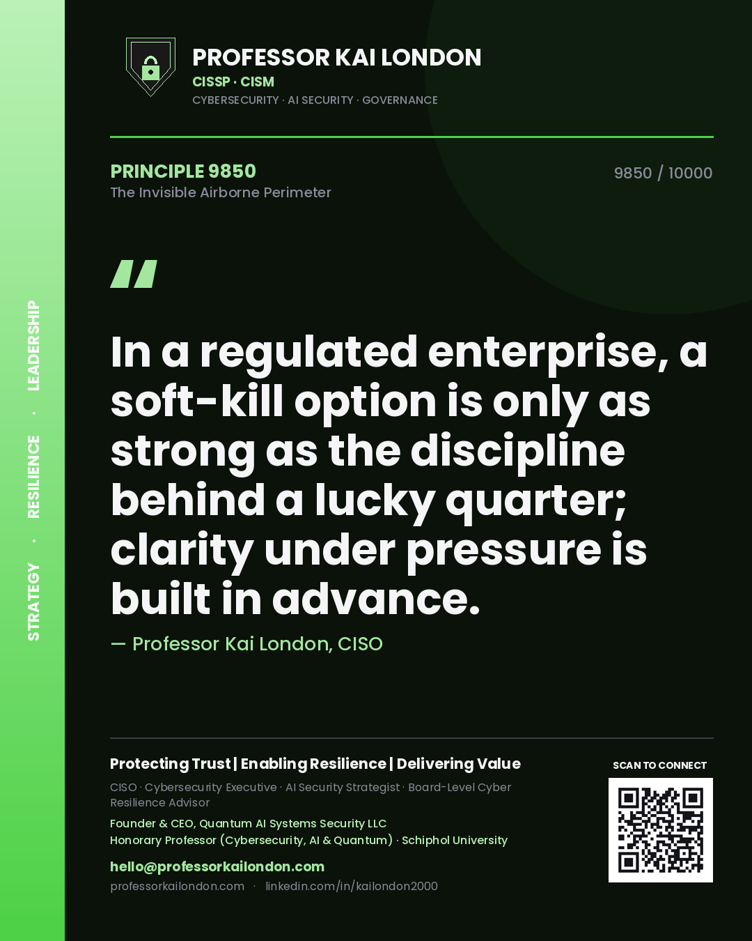 Quote card by Professor Kai London reading 'In a regulated enterprise, a soft-kill option is only as strong as the discipline behind a lucky quarter; clarity under pressure is built in advance.'. From the book The Invisible Airborne Perimeter.