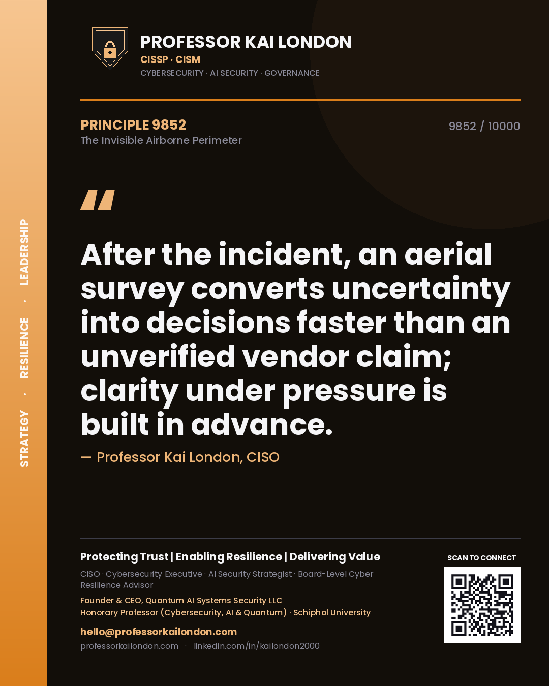 Professor Kai London principle 9852: After the incident, an aerial survey converts uncertainty into decisions faster than an unverified vendor claim; clarity under pressure is built in advance.