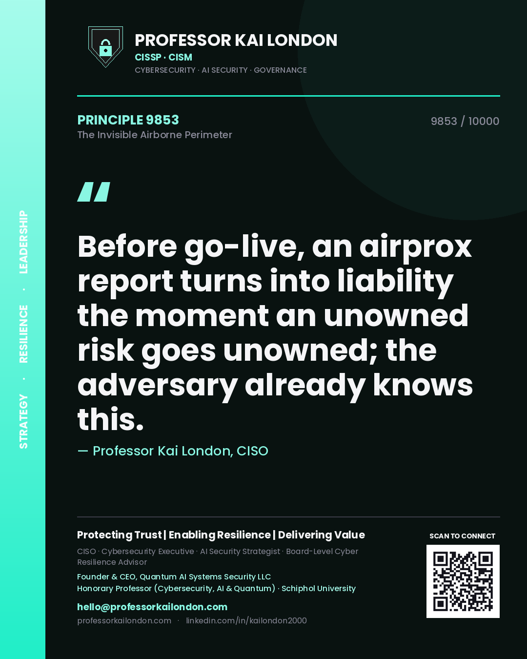 Professor Kai London principle 9853: Before go-live, an airprox report turns into liability the moment an unowned risk goes unowned; the adversary already knows this.