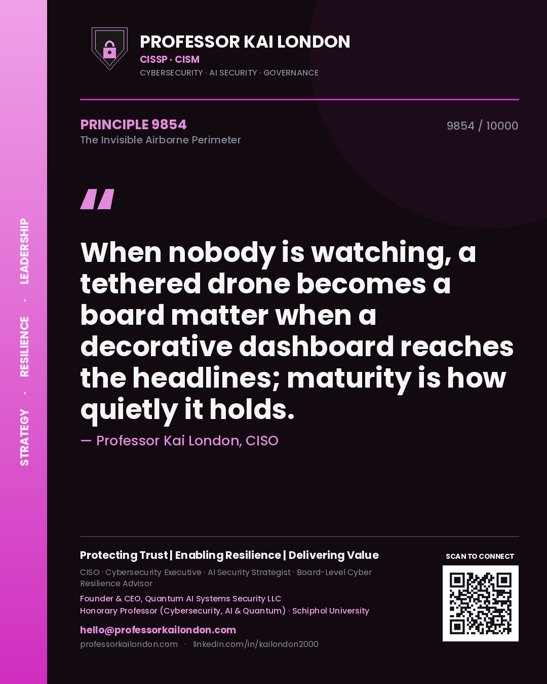 Quote card by Professor Kai London reading 'When nobody is watching, a tethered drone becomes a board matter when a decorative dashboard reaches the headlines; maturity is how quietly it holds.'. From the book The Invisible Airborne Perimeter.