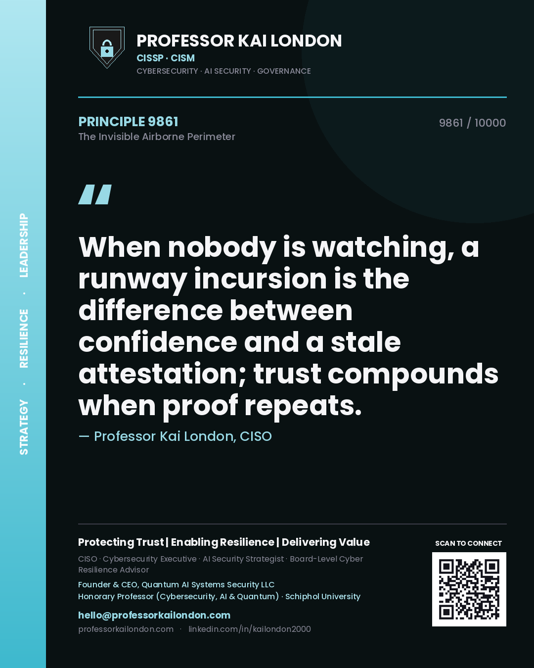 Quote card by Professor Kai London reading 'When nobody is watching, a runway incursion is the difference between confidence and a stale attestation; trust compounds when proof repeats.'. From the book The Invisible Airborne Perimeter.