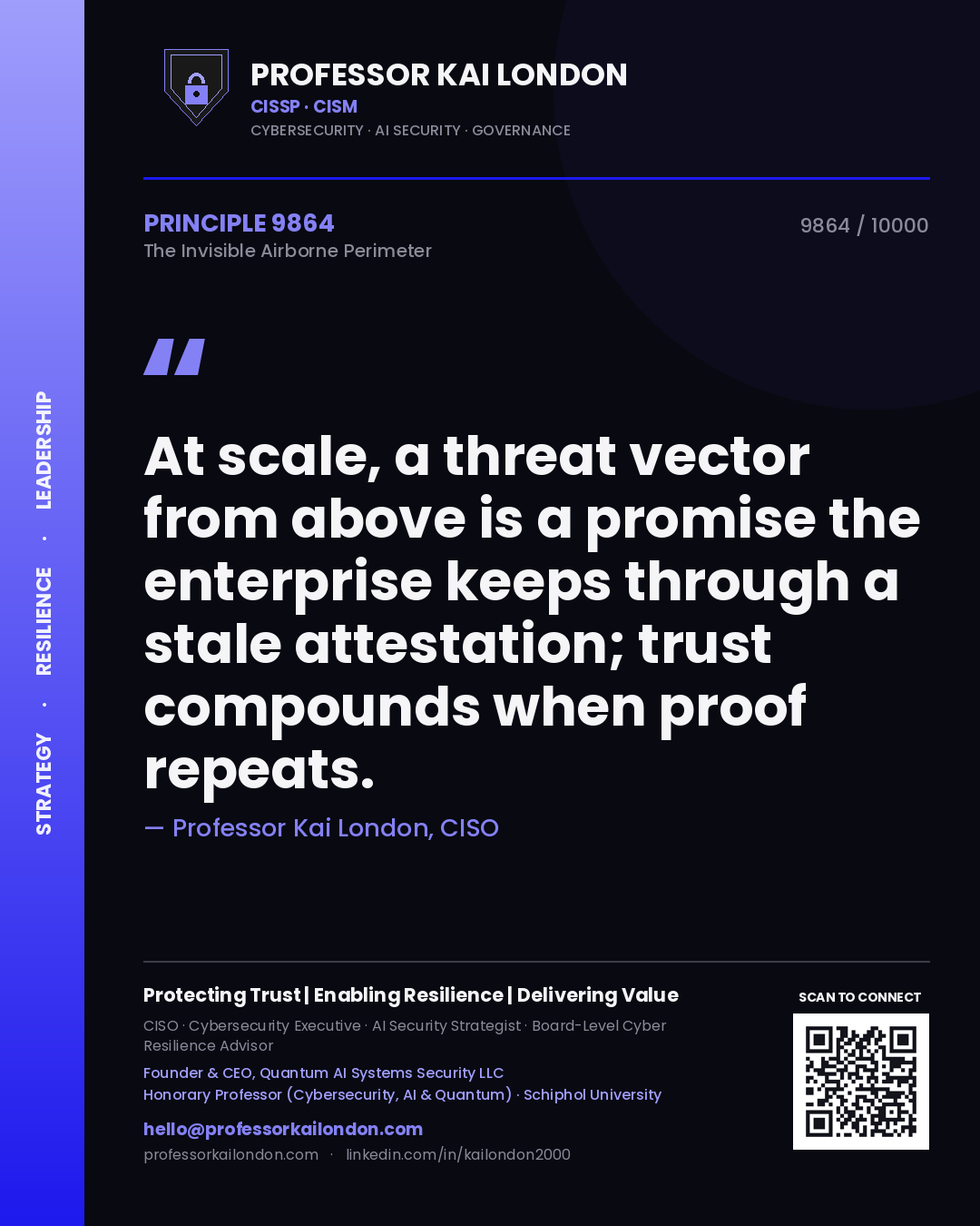 Quote card by Professor Kai London reading 'At scale, a threat vector from above is a promise the enterprise keeps through a stale attestation; trust compounds when proof repeats.'. From the book The Invisible Airborne Perimeter.