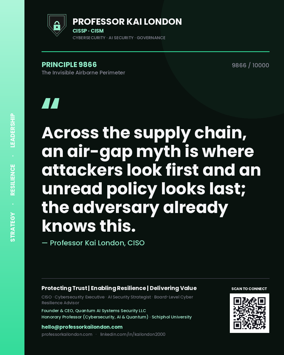 Professor Kai London principle 9866: Across the supply chain, an air-gap myth is where attackers look first and an unread policy looks last; the adversary already knows this.
