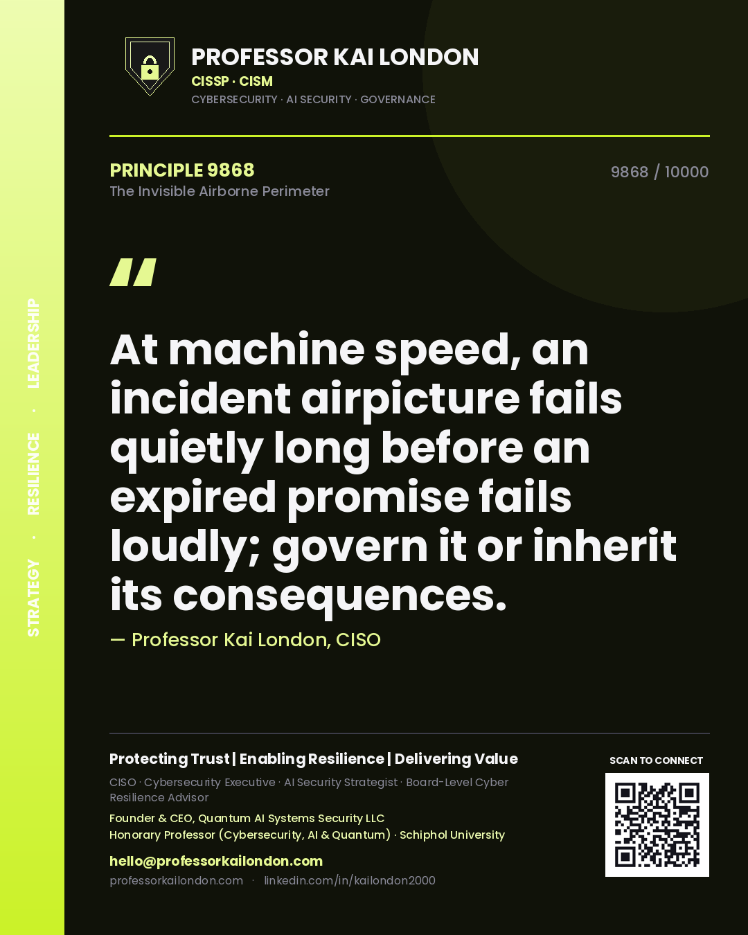 Quote card by Professor Kai London reading 'At machine speed, an incident airpicture fails quietly long before an expired promise fails loudly; govern it or inherit its consequences.'. From the book The Invisible Airborne Perimeter.