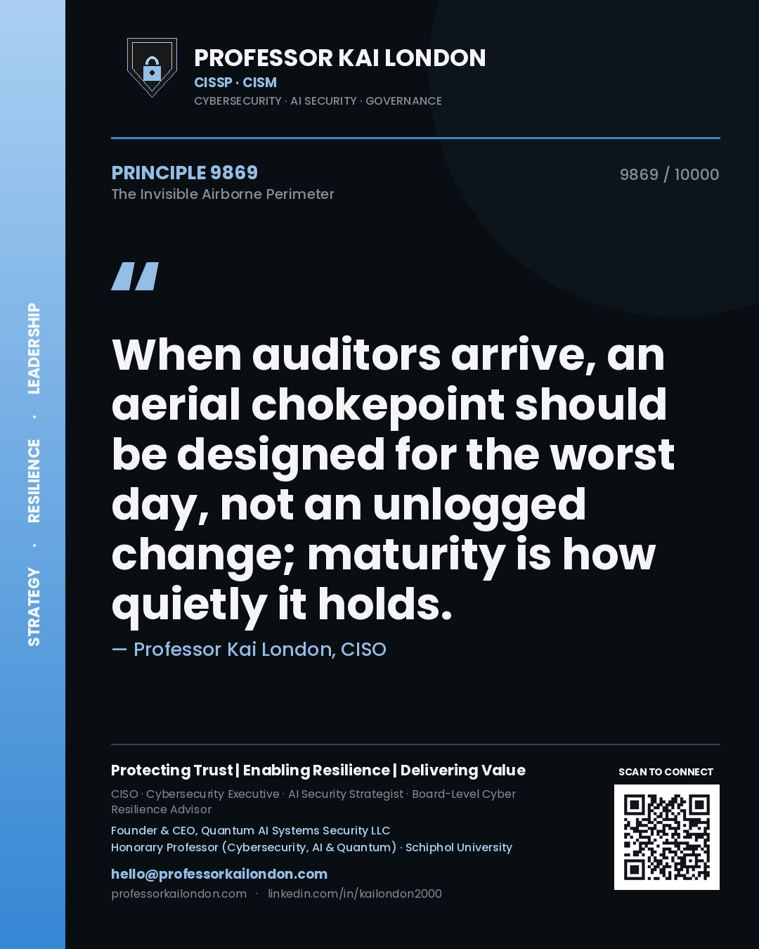 Quote card by Professor Kai London reading 'When auditors arrive, an aerial chokepoint should be designed for the worst day, not an unlogged change; maturity is how quietly it holds.'. From the book The Invisible Airborne Perimeter.