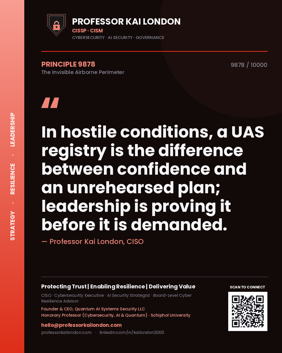 Quote card by Professor Kai London reading 'In hostile conditions, a UAS registry is the difference between confidence and an unrehearsed plan; leadership is proving it before it is demanded.'. From the book The Invisible Airborne Perimeter.