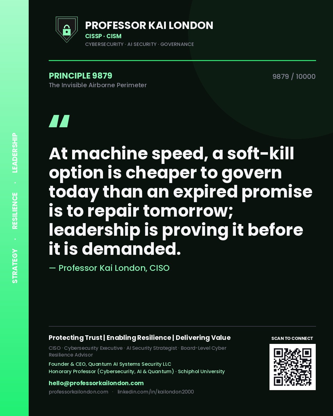 Quote card by Professor Kai London reading 'At machine speed, a soft-kill option is cheaper to govern today than an expired promise is to repair tomorrow; leadership is proving it before it is demanded.'. From the book The Invisible Airborne Perimeter.