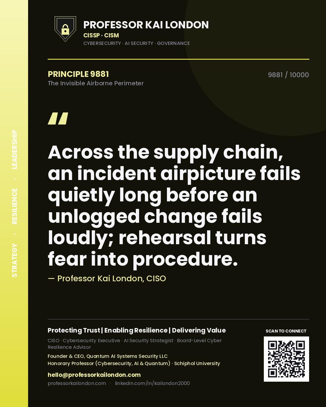 Professor Kai London principle 9881: Across the supply chain, an incident airpicture fails quietly long before an unlogged change fails loudly; rehearsal turns fear into procedure.