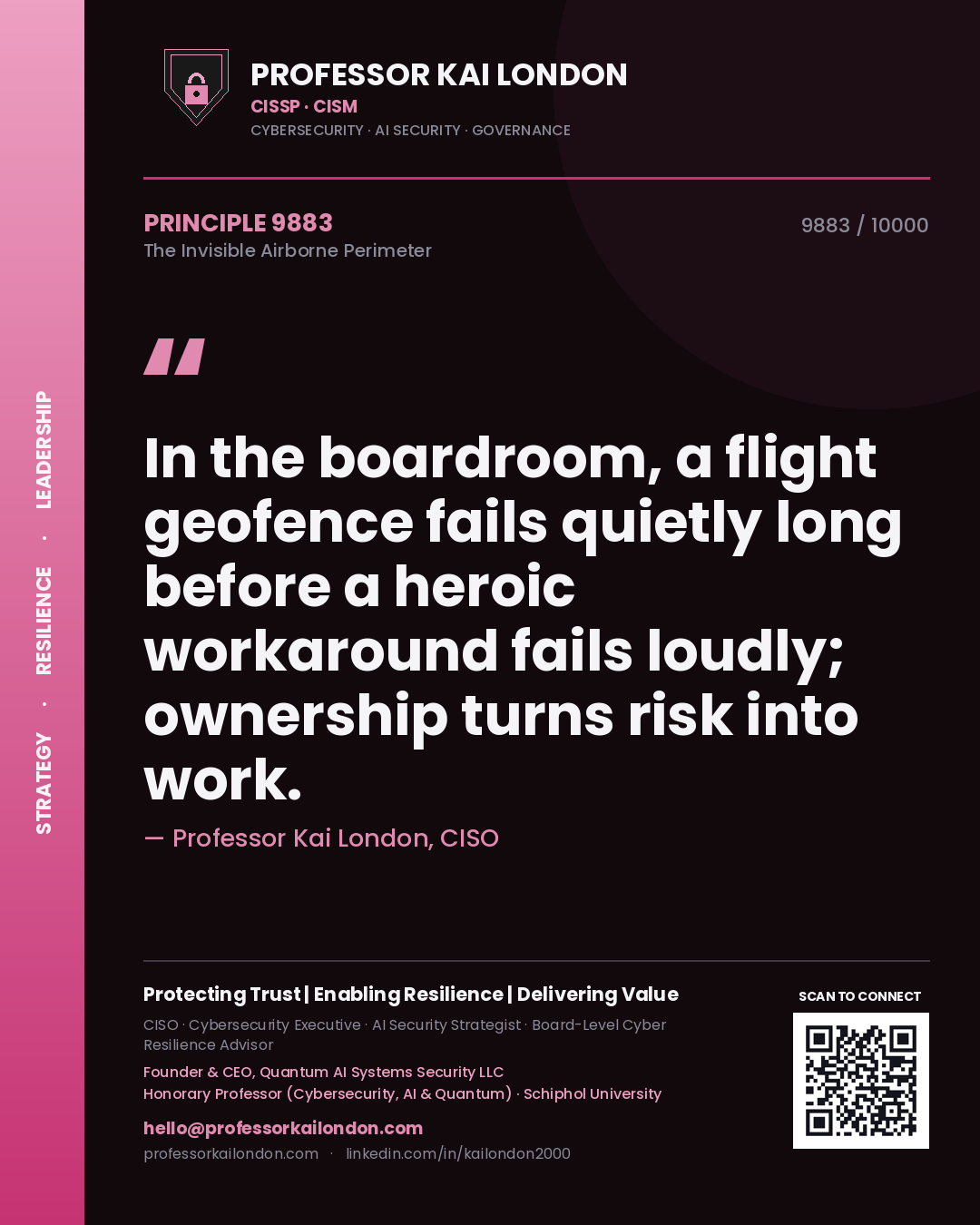 Quote card by Professor Kai London reading 'In the boardroom, a flight geofence fails quietly long before a heroic workaround fails loudly; ownership turns risk into work.'. From the book The Invisible Airborne Perimeter.