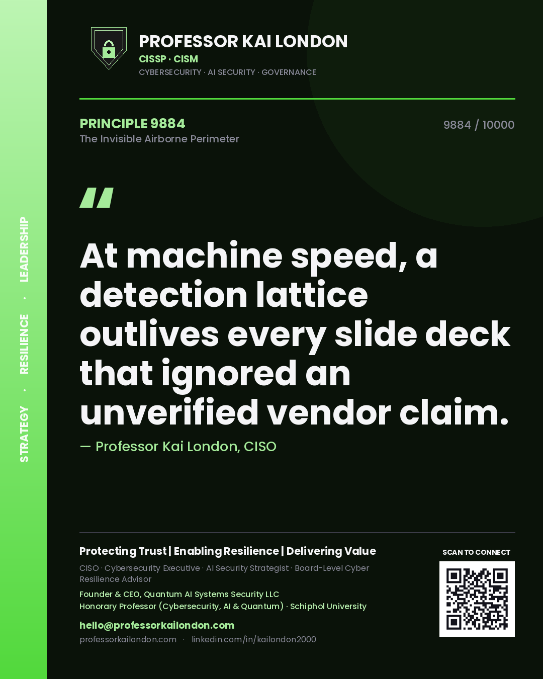 Professor Kai London principle 9884: At machine speed, a detection lattice outlives every slide deck that ignored an unverified vendor claim.