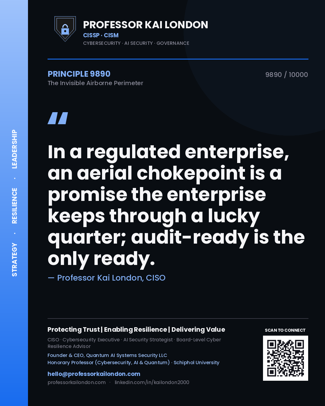 Quote card by Professor Kai London reading 'In a regulated enterprise, an aerial chokepoint is a promise the enterprise keeps through a lucky quarter; audit-ready is the only ready.'. From the book The Invisible Airborne Perimeter.