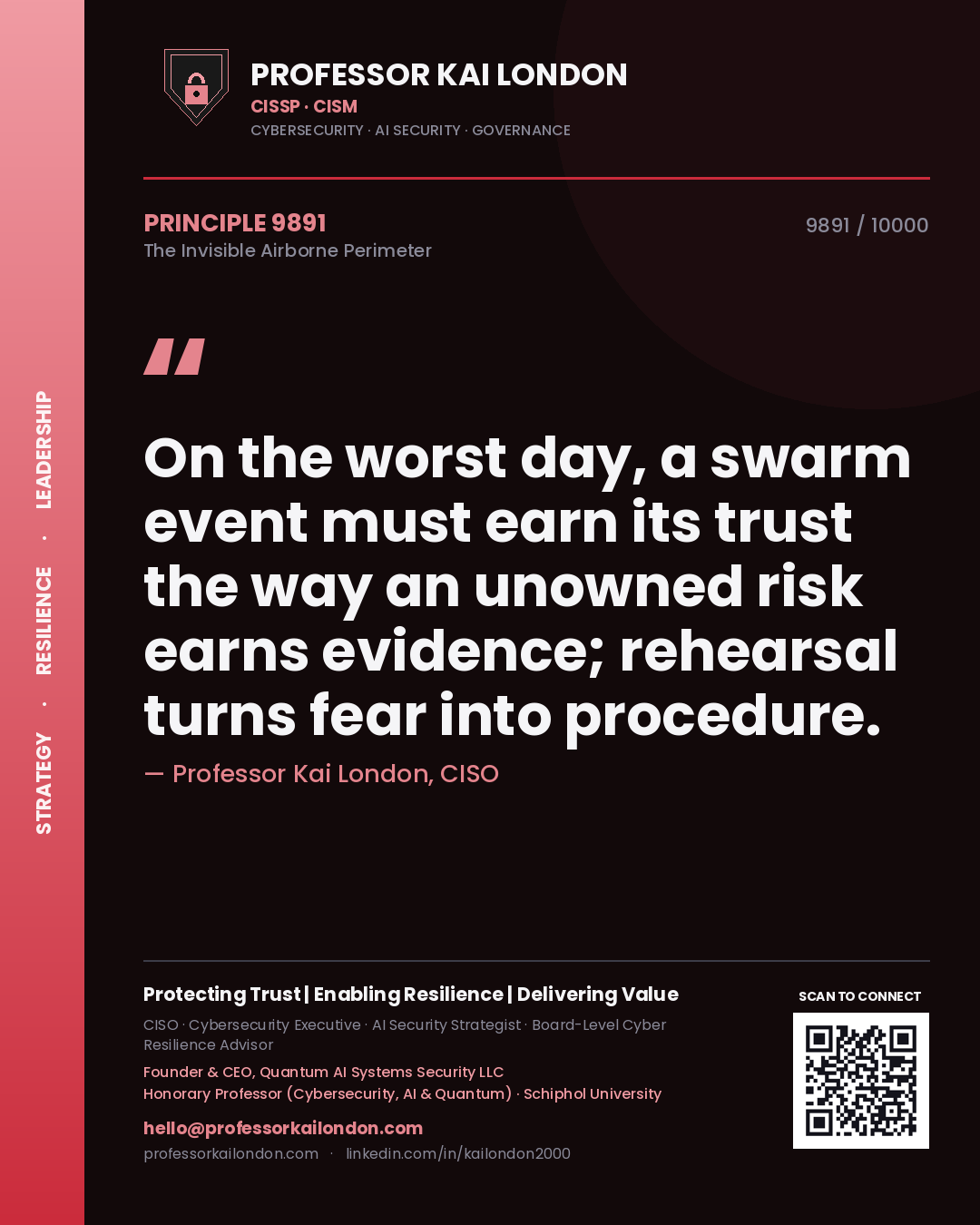 Quote card by Professor Kai London reading 'On the worst day, a swarm event must earn its trust the way an unowned risk earns evidence; rehearsal turns fear into procedure.'. From the book The Invisible Airborne Perimeter.