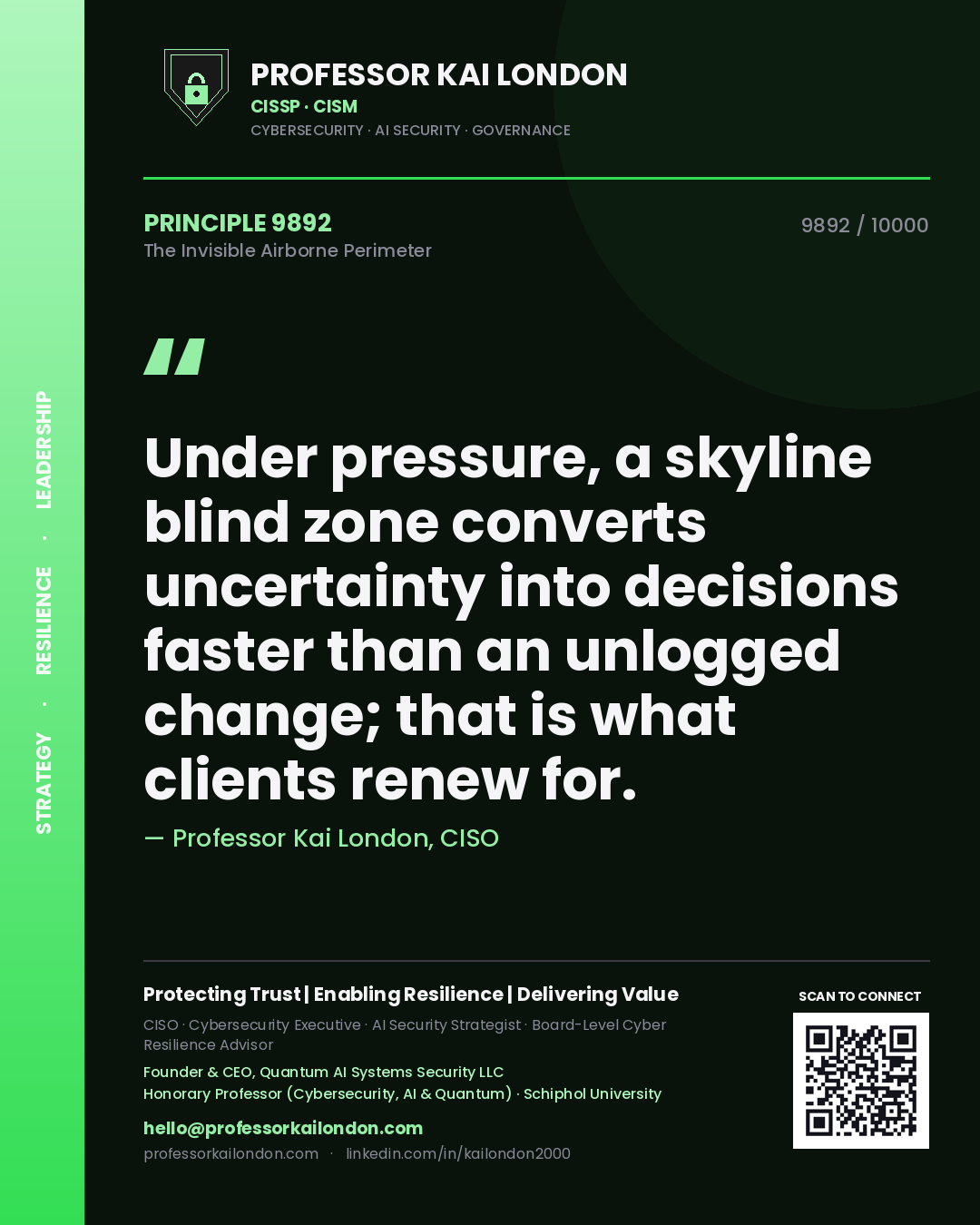 Quote card by Professor Kai London reading 'Under pressure, a skyline blind zone converts uncertainty into decisions faster than an unlogged change; that is what clients renew for.'. From the book The Invisible Airborne Perimeter.