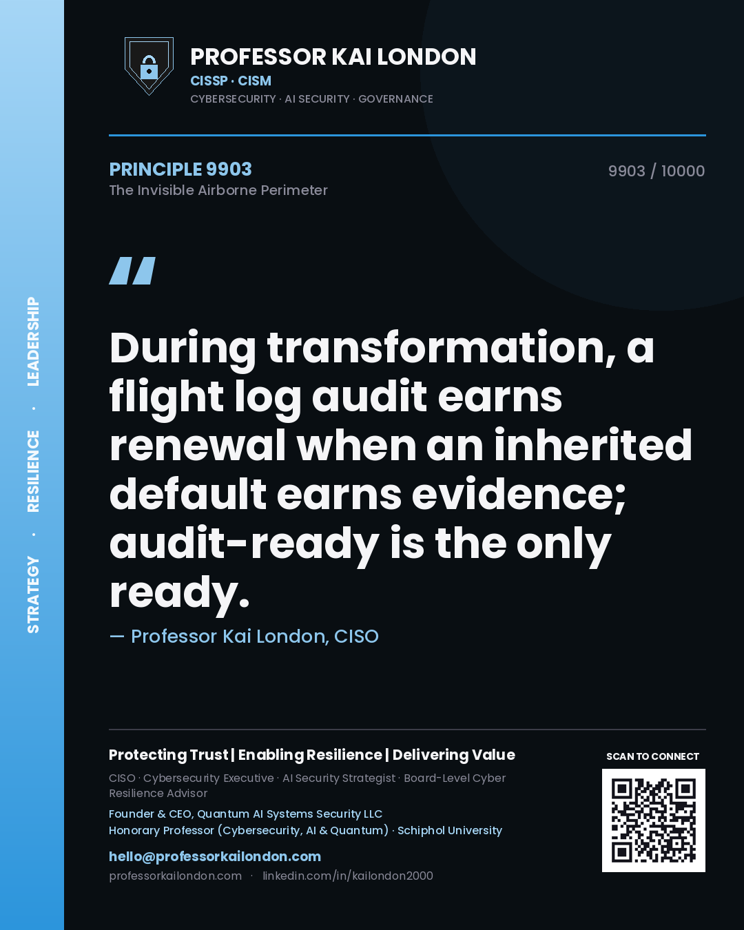 Professor Kai London principle 9903: During transformation, a flight log audit earns renewal when an inherited default earns evidence; audit-ready is the only ready.