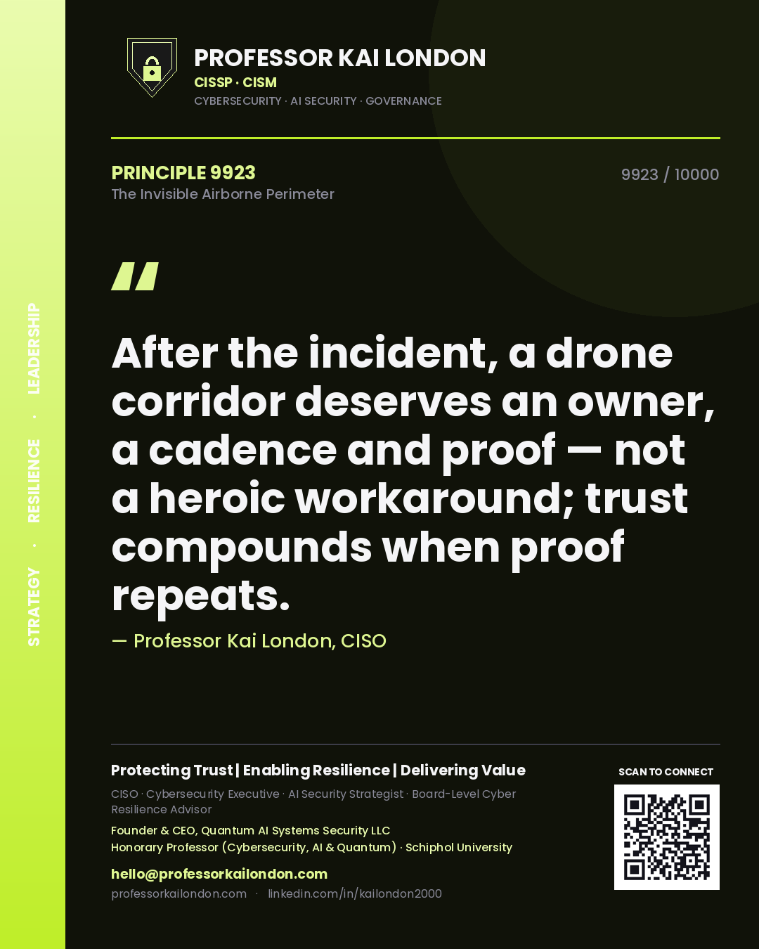 Quote card by Professor Kai London reading 'After the incident, a drone corridor deserves an owner, a cadence and proof — not a heroic workaround; trust compounds when proof repeats.'. From the book The Invisible Airborne Perimeter.