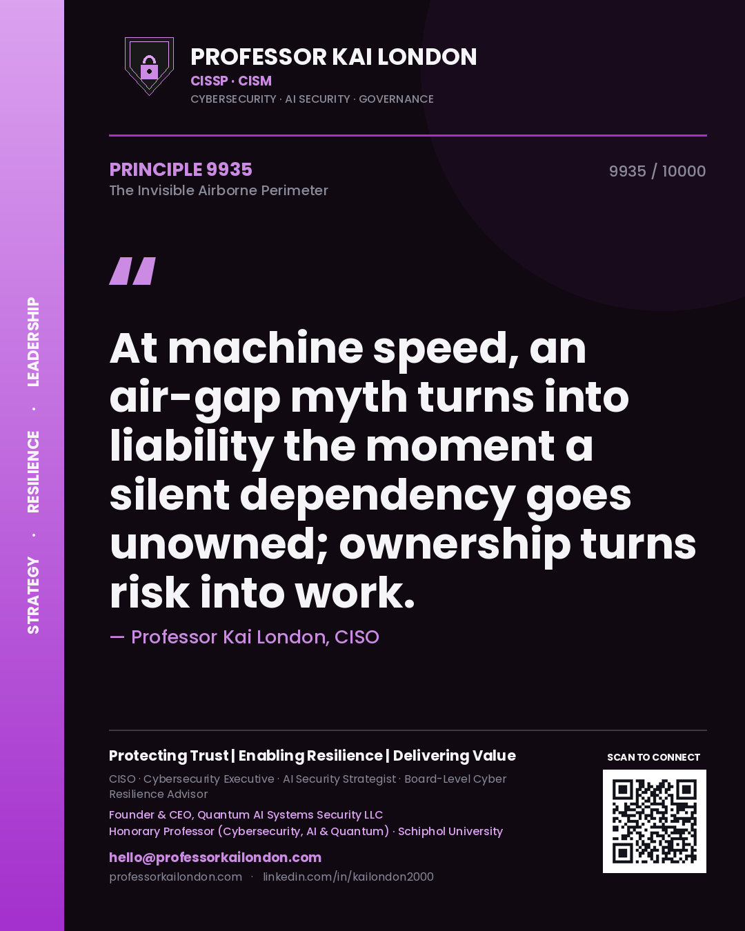 Quote card by Professor Kai London reading 'At machine speed, an air-gap myth turns into liability the moment a silent dependency goes unowned; ownership turns risk into work.'. From the book The Invisible Airborne Perimeter.
