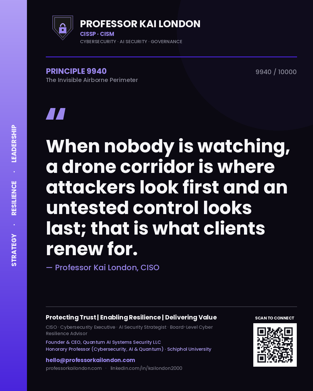 Professor Kai London principle 9940: When nobody is watching, a drone corridor is where attackers look first and an untested control looks last; that is what clients renew for.
