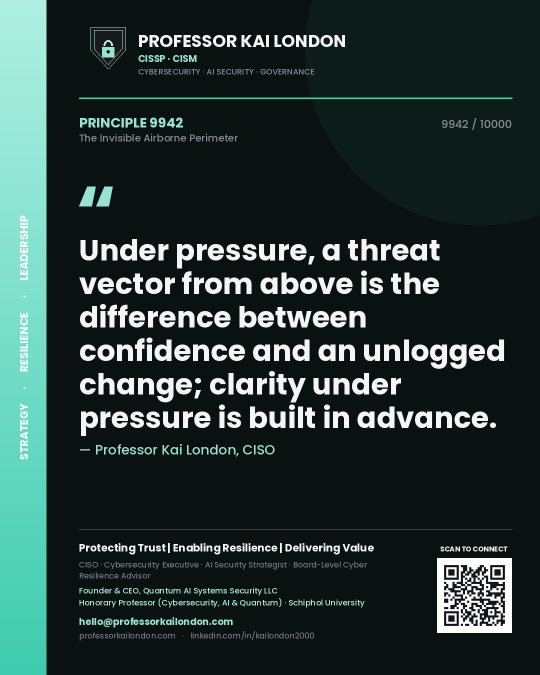 Professor Kai London principle 9942: Under pressure, a threat vector from above is the difference between confidence and an unlogged change; clarity under pressure is built in advance.