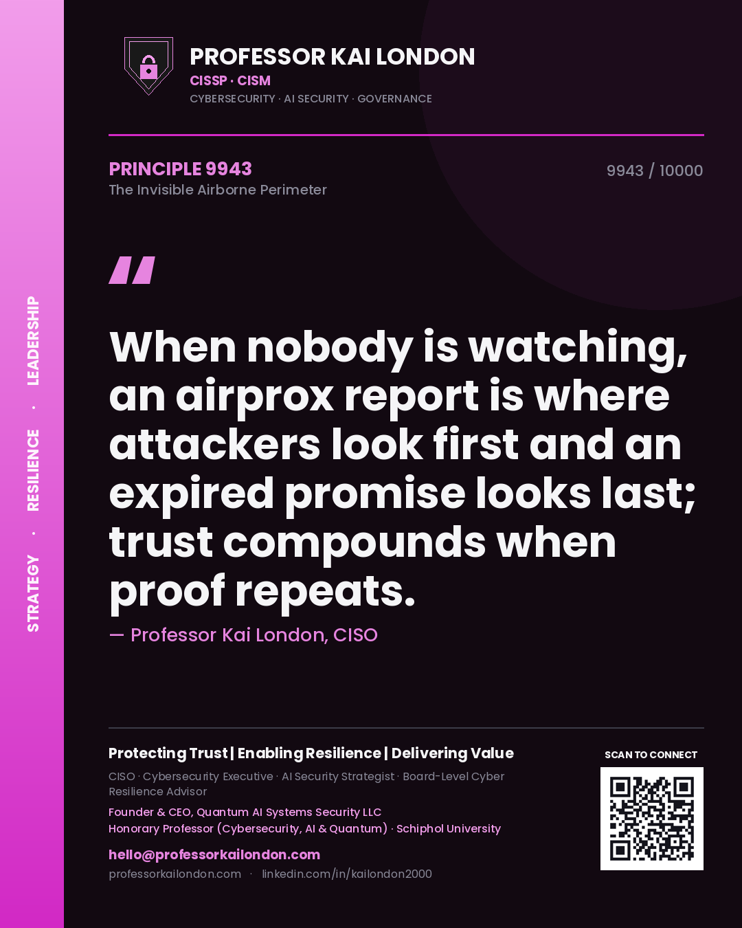Quote card by Professor Kai London reading 'When nobody is watching, an airprox report is where attackers look first and an expired promise looks last; trust compounds when proof repeats.'. From the book The Invisible Airborne Perimeter.