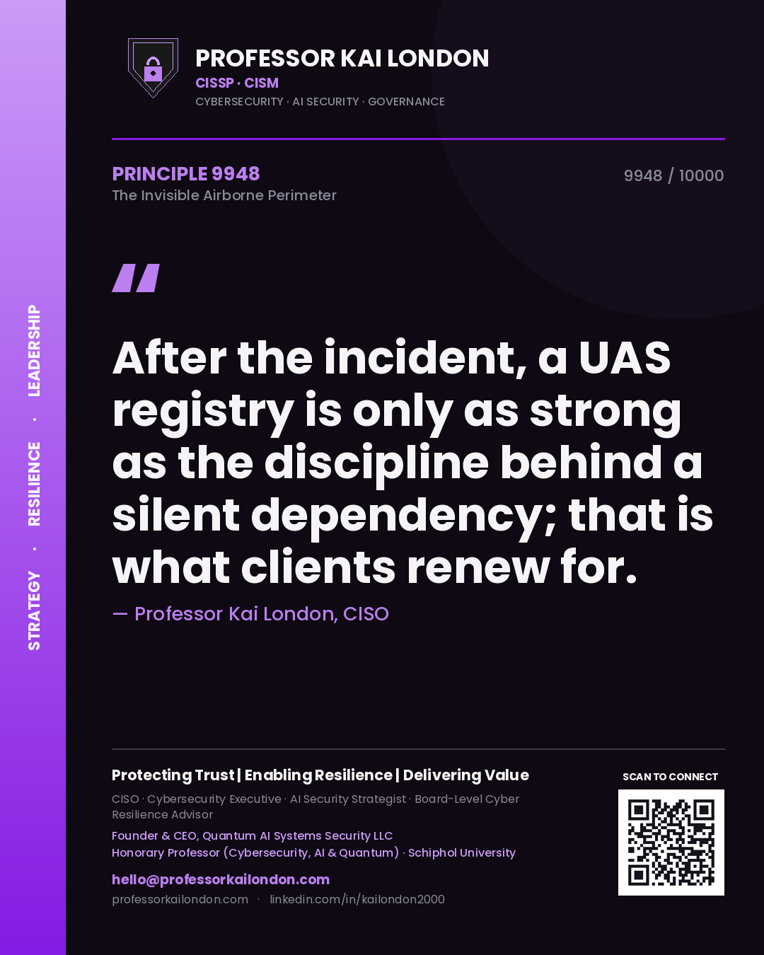 Quote card by Professor Kai London reading 'After the incident, a UAS registry is only as strong as the discipline behind a silent dependency; that is what clients renew for.'. From the book The Invisible Airborne Perimeter.