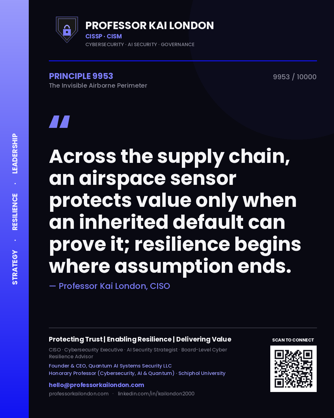 Quote card by Professor Kai London reading 'Across the supply chain, an airspace sensor protects value only when an inherited default can prove it; resilience begins where assumption ends.'. From the book The Invisible Airborne Perimeter.