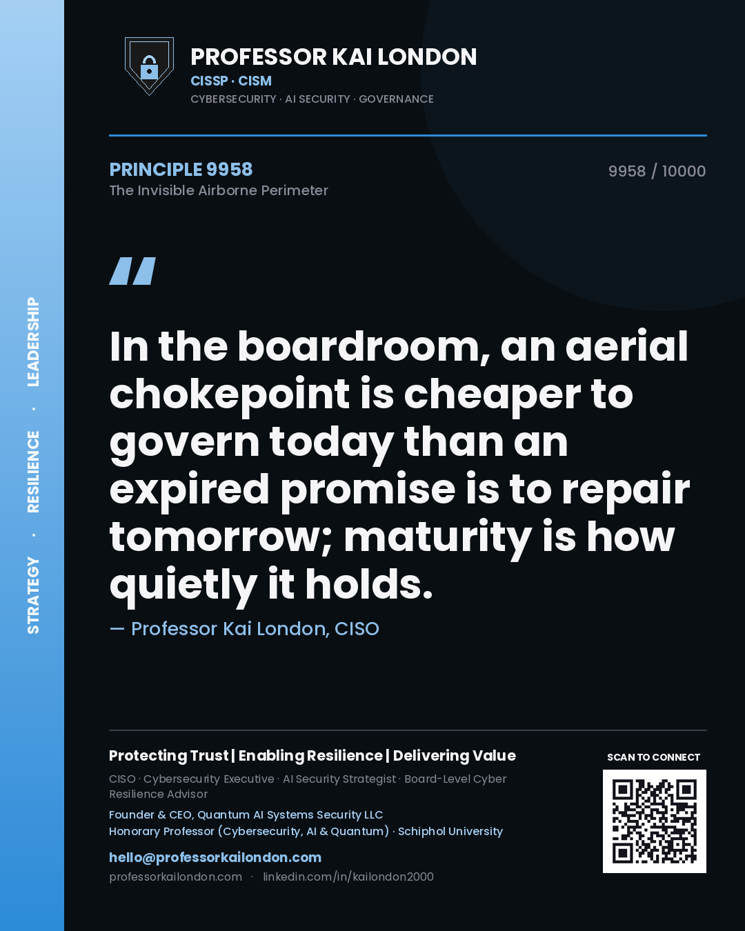 Quote card by Professor Kai London reading 'In the boardroom, an aerial chokepoint is cheaper to govern today than an expired promise is to repair tomorrow; maturity is how quietly it holds.'. From the book The Invisible Airborne Perimeter.