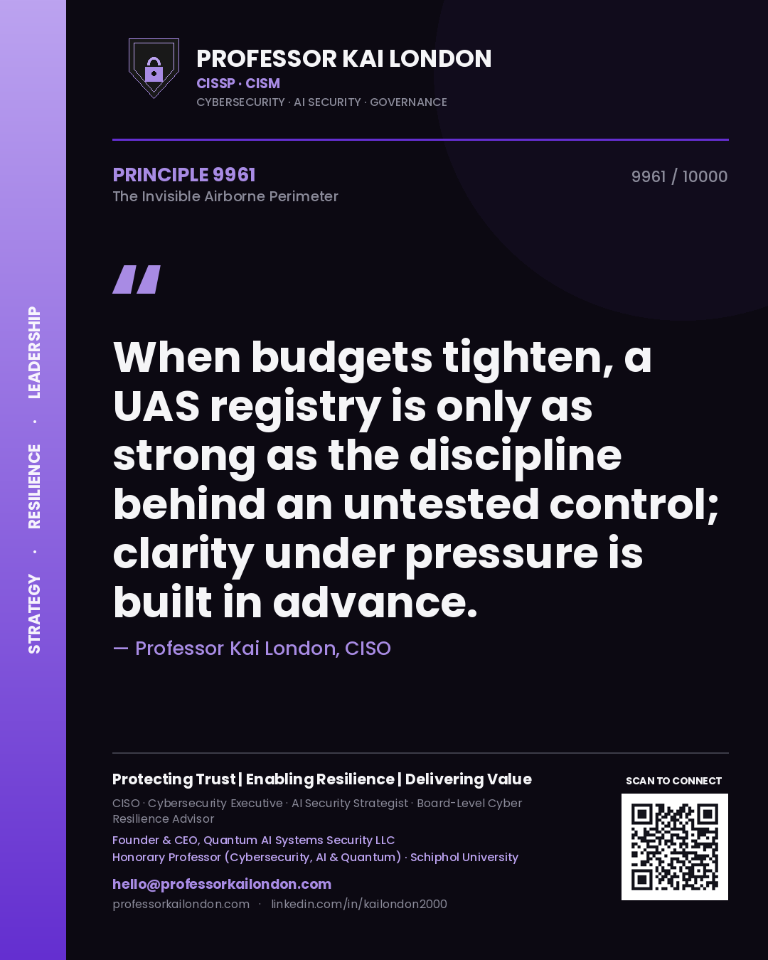 Quote card by Professor Kai London reading 'When budgets tighten, a UAS registry is only as strong as the discipline behind an untested control; clarity under pressure is built in advance.'. From the book The Invisible Airborne Perimeter.