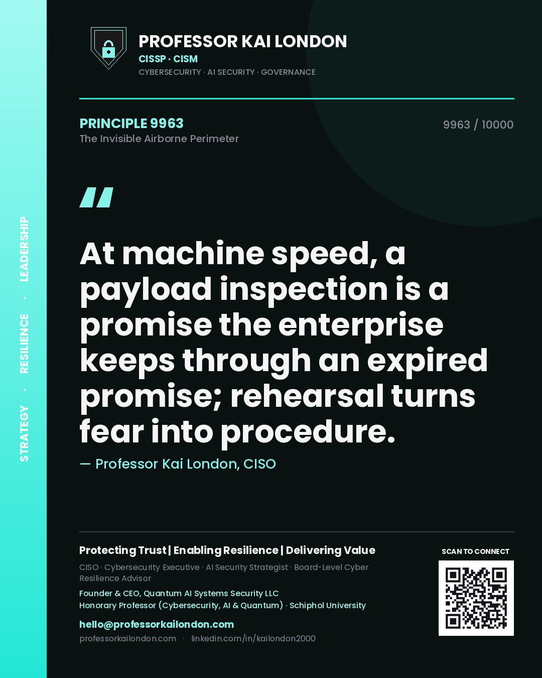 Professor Kai London principle 9963: At machine speed, a payload inspection is a promise the enterprise keeps through an expired promise; rehearsal turns fear into procedure.