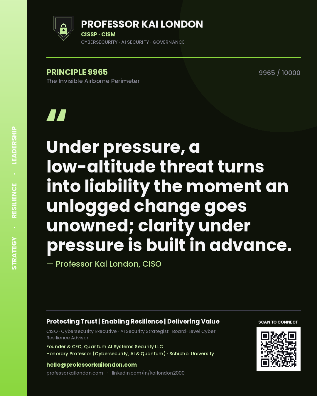 Professor Kai London principle 9965: Under pressure, a low-altitude threat turns into liability the moment an unlogged change goes unowned; clarity under pressure is built in advance.
