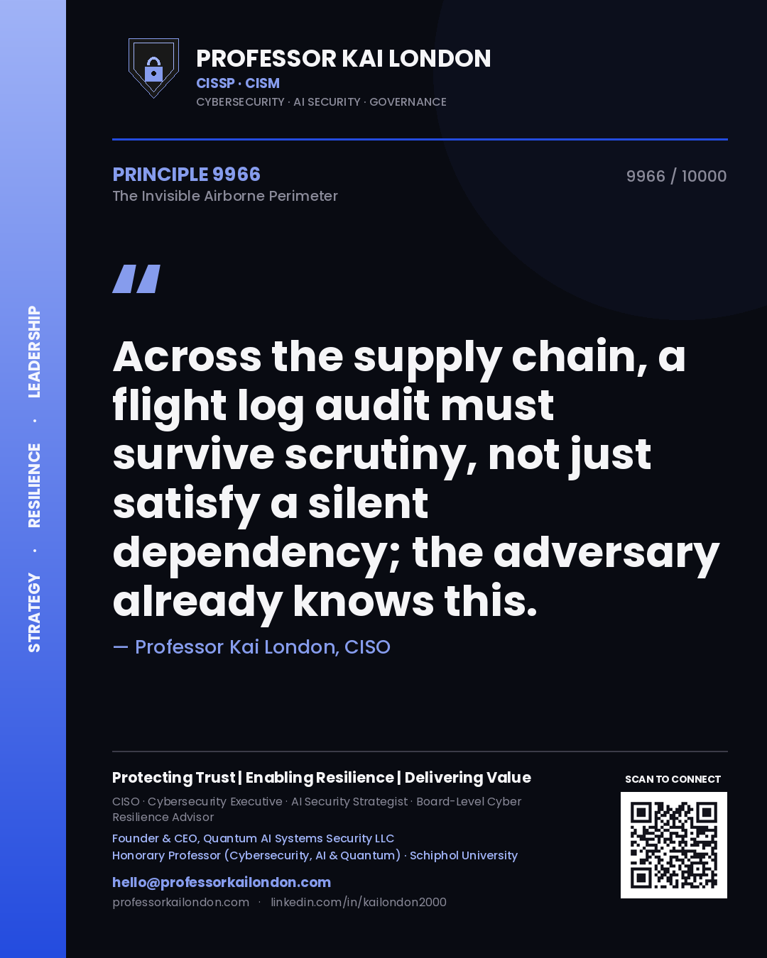 Professor Kai London principle 9966: Across the supply chain, a flight log audit must survive scrutiny, not just satisfy a silent dependency; the adversary already knows this.