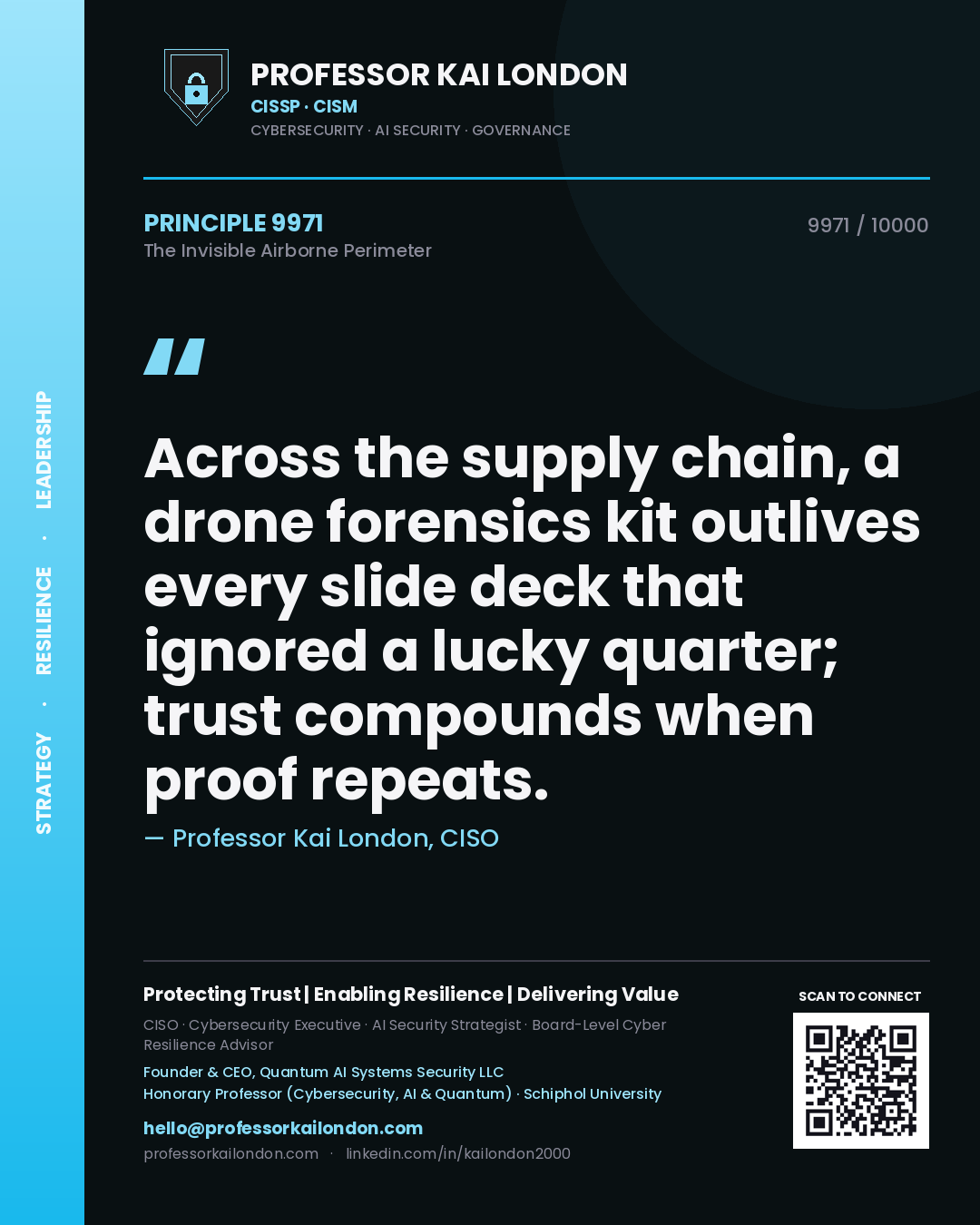 Quote card by Professor Kai London reading 'Across the supply chain, a drone forensics kit outlives every slide deck that ignored a lucky quarter; trust compounds when proof repeats.'. From the book The Invisible Airborne Perimeter.