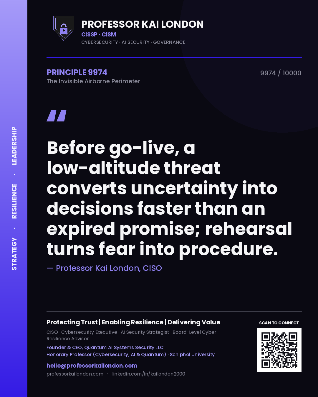 Quote card by Professor Kai London reading 'Before go-live, a low-altitude threat converts uncertainty into decisions faster than an expired promise; rehearsal turns fear into procedure.'. From the book The Invisible Airborne Perimeter.