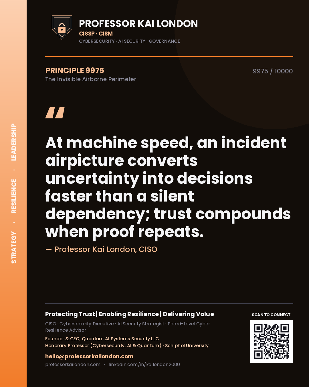 Quote card by Professor Kai London reading 'At machine speed, an incident airpicture converts uncertainty into decisions faster than a silent dependency; trust compounds when proof repeats.'. From the book The Invisible Airborne Perimeter.