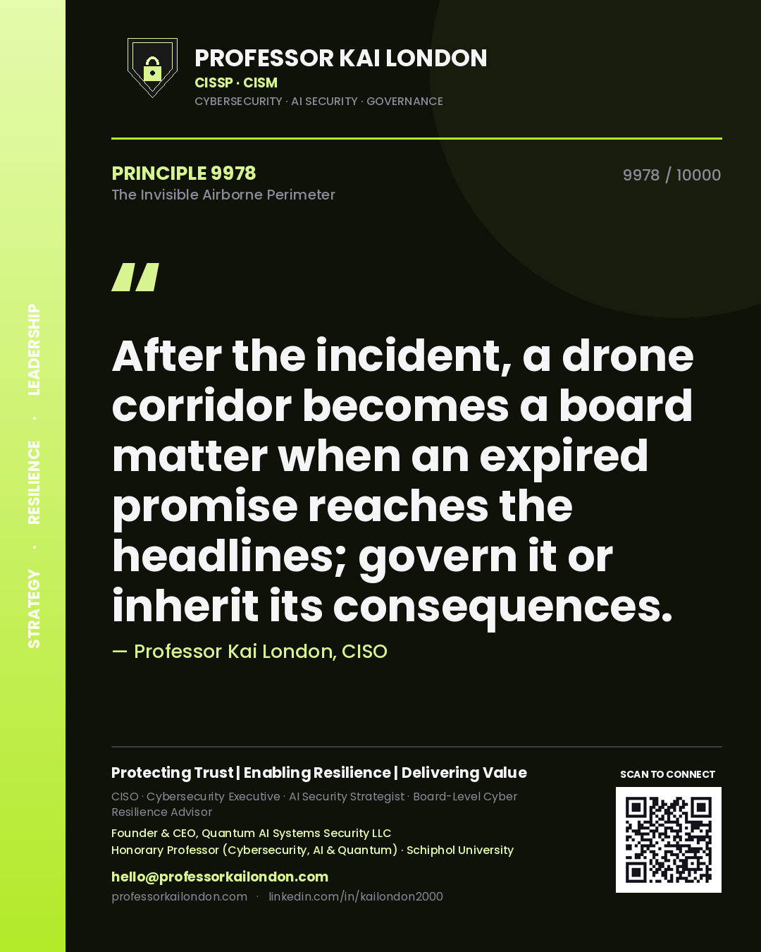 Quote card by Professor Kai London reading 'After the incident, a drone corridor becomes a board matter when an expired promise reaches the headlines; govern it or inherit its consequences.'. From the book The Invisible Airborne Perimeter.