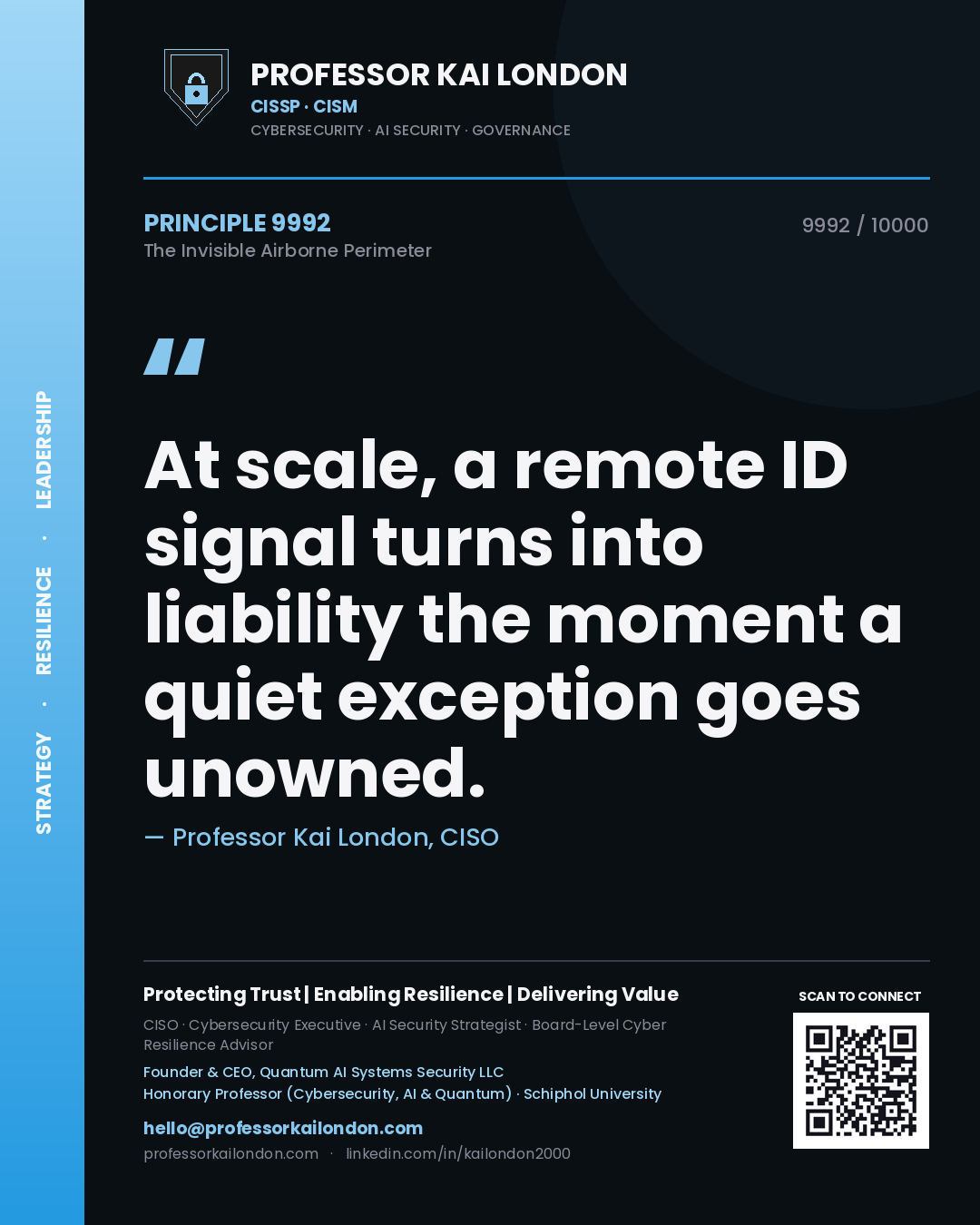Quote card by Professor Kai London reading 'At scale, a remote ID signal turns into liability the moment a quiet exception goes unowned.'. From the book The Invisible Airborne Perimeter.